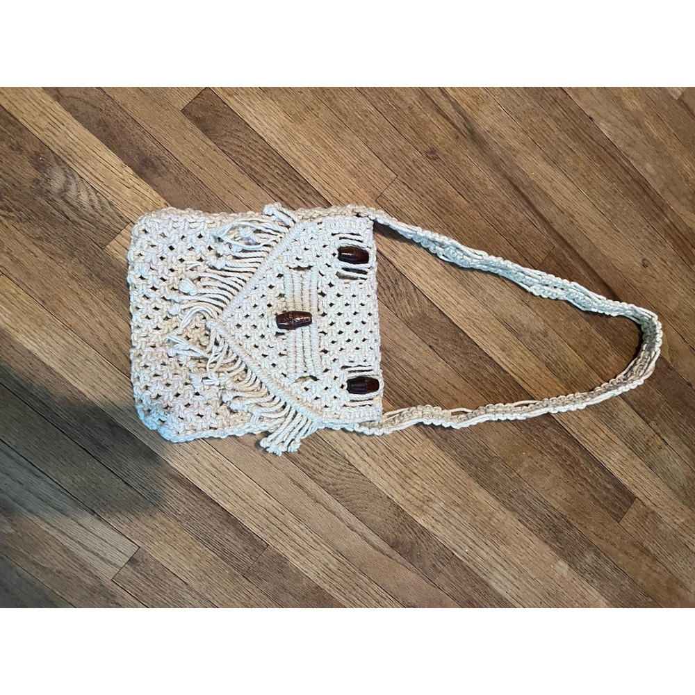 Macrame Crossbody Bag Ivory Fringe Wooden Toggle Boho Festival Crochet Bag